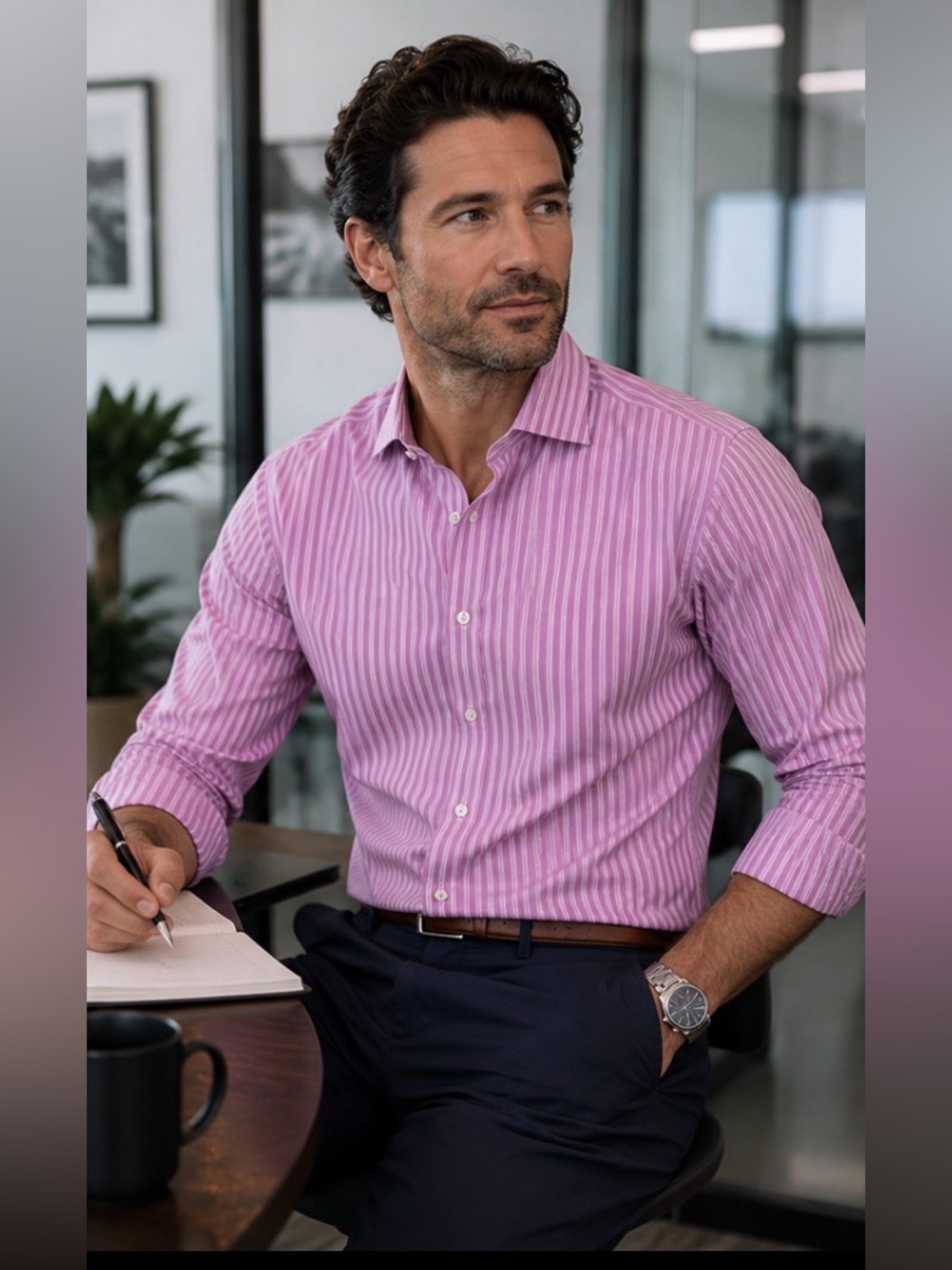 Ike Behar New York Pink Stripe Dress Shirt Slim Fit 17.5 34/35